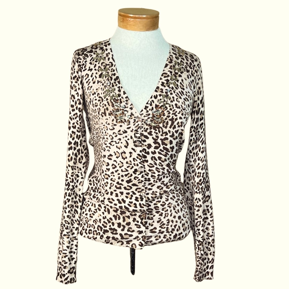 Women’s Vertigo Leopard Print V-Neck Button Front Cardigan With Rhinestones XS-S